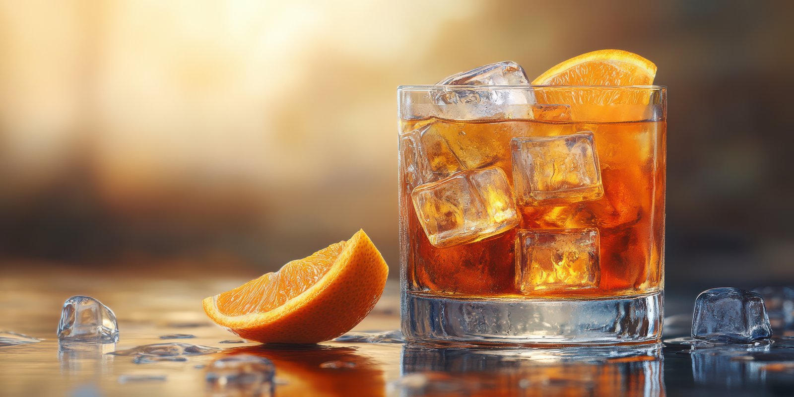 Refreshing cocktail with ice and orange slice on a warm summer evening